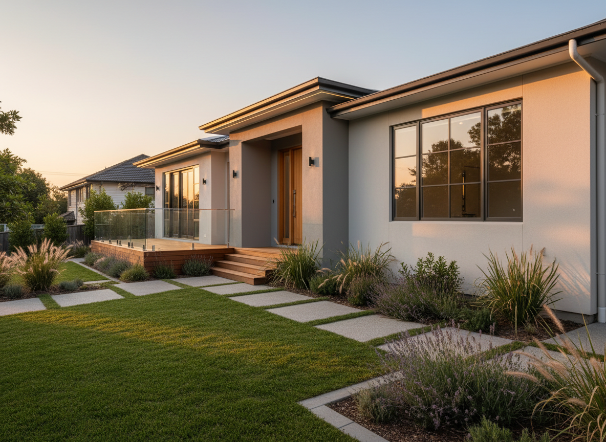 Freshly renovated modern suburban home exterior at golden hour with manicured landscaping