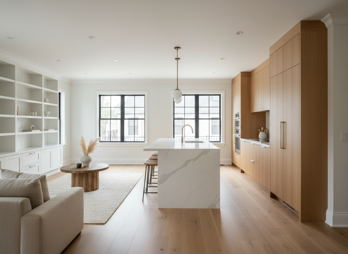 Bright renovated interior with hardwood flooring, cabinetry, and countertops
