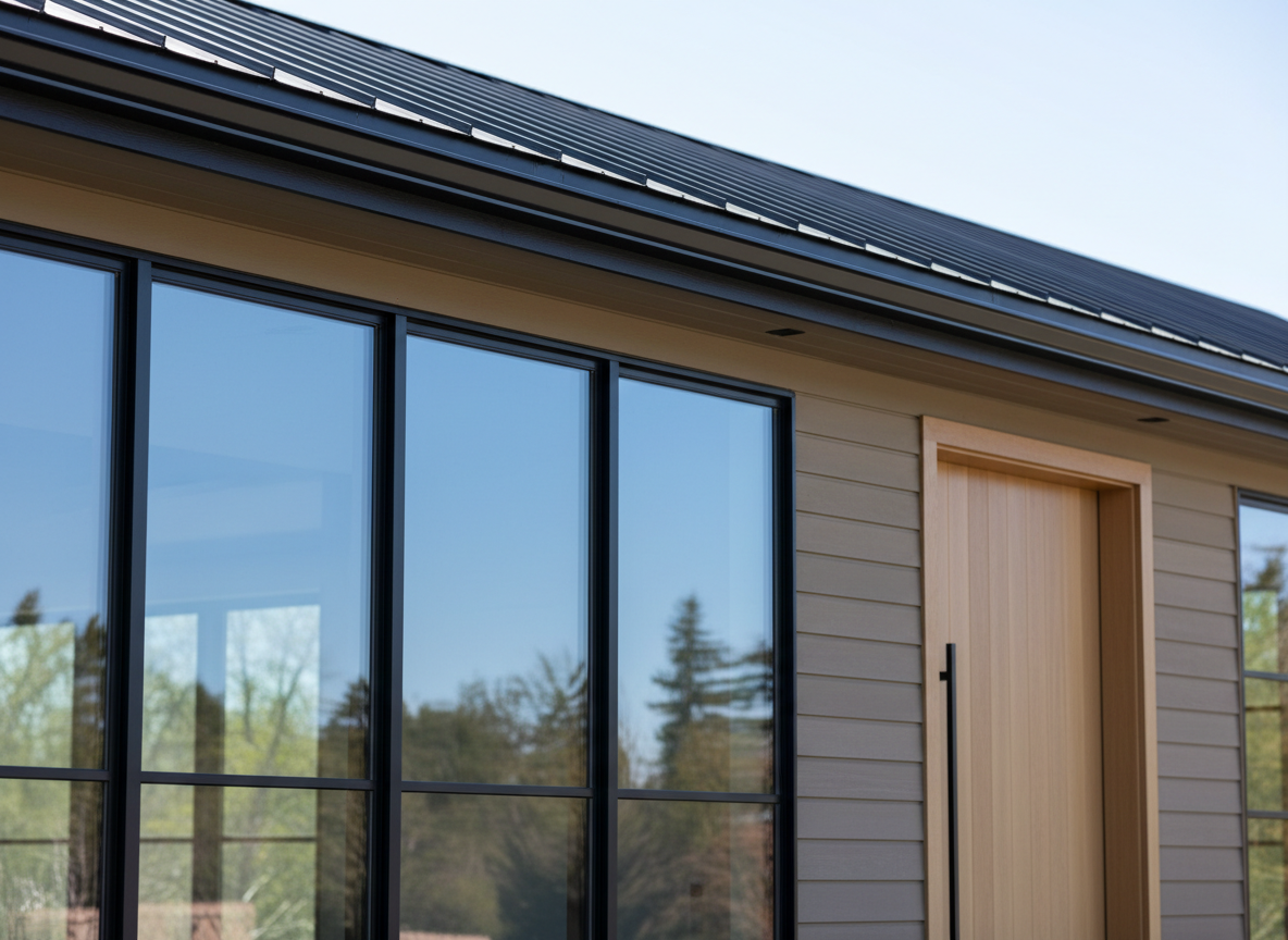 Modern home roofline, siding, gutters, windows and door