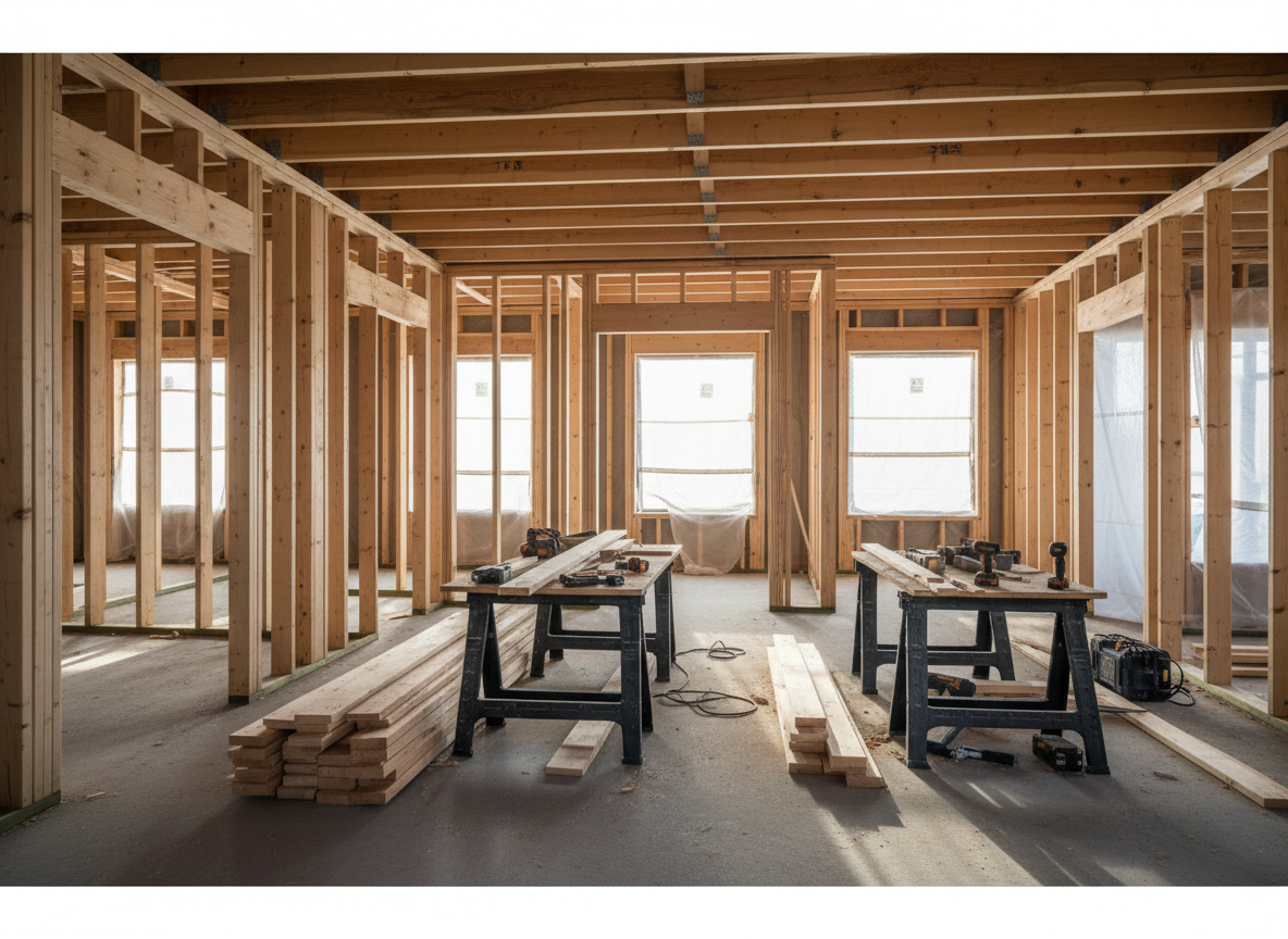 Interior home framing showing structural construction work