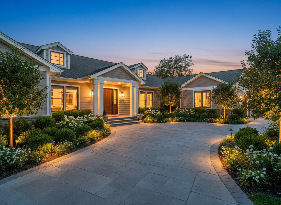 Home exterior showing landscaping, driveway, and warm exterior lighting